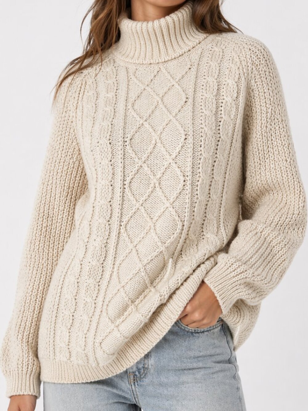 Vintage ST. MICHAEL 100% Wool Cable Knit Turtleneck Sweater Cream M
